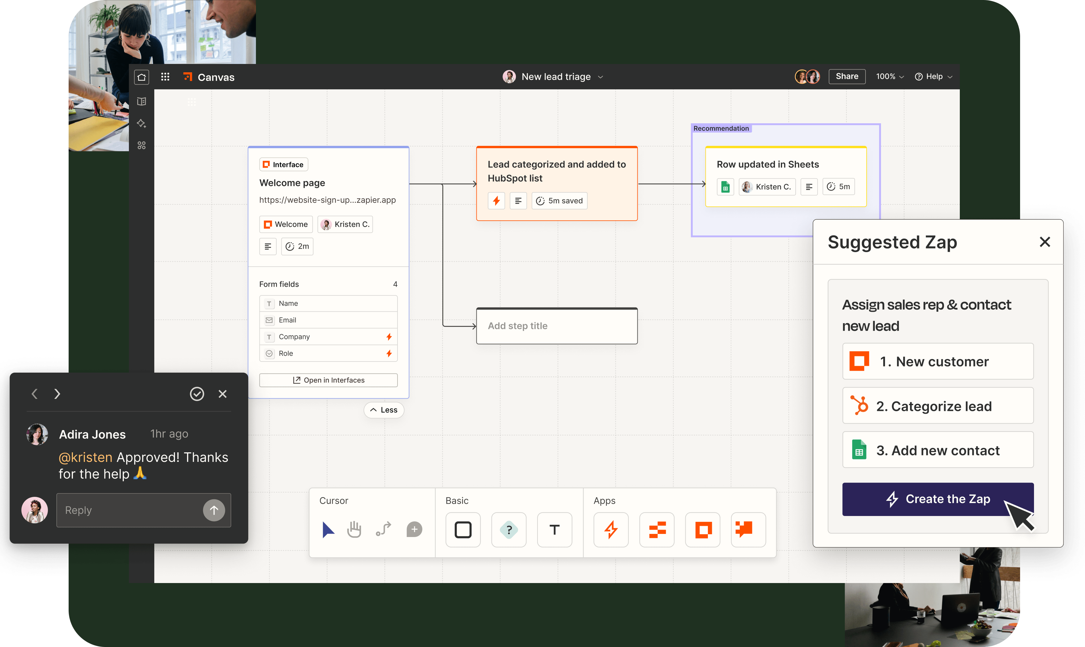 A canvas showing a lead generation workflow with comments, collaboration, and an AI recommendation