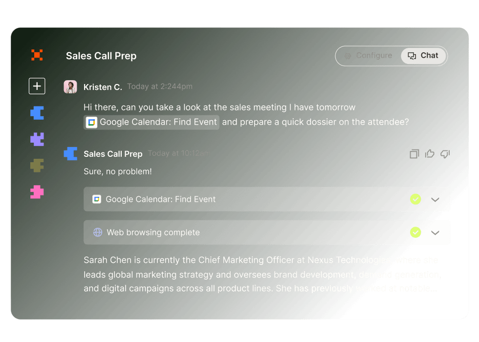 Zapier Agents interface showing how the user can ask the bot specific questions, and how the bot returns answers based on the knowledge sources and behaviors the user input.